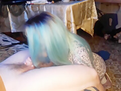 Asian Woman With Blue Hair Touches An Uncut Dick With Her Lips