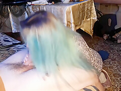 Asian Woman With Blue Hair Touches An Uncut Dick With Her Lips