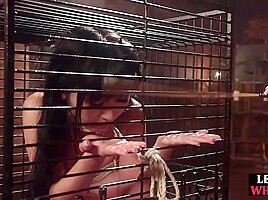 Asian sub babe strapon fucked by dom MILF in bodystockings