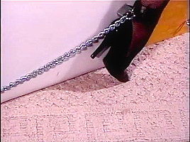Babe tied with vibrator attached to pussy orgasms