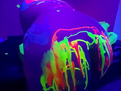 Bbw Girl With Black Light Body Paint Touches Herself With Big Glowing Dildo