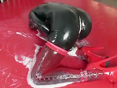 Big Boobs Rubber Girl - Masturbation In Sticky Cum And Black Latex Catsuit
