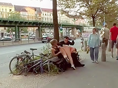 Big tits slave spanked and fucked in public