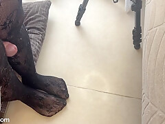 Black Stockings Footjob And Huge Load On Soles