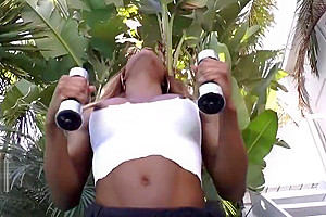 Black chick with a surprise workout blowjob