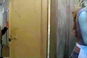 Blonde busty tranny fucks guy onto locking table