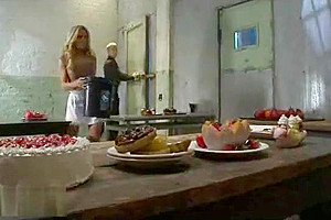 Blonde busty tranny fucks guy onto locking table