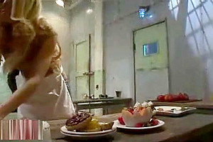 Blonde busty tranny fucks guy onto locking table