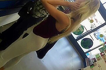 Blonde college girl in grey spandex