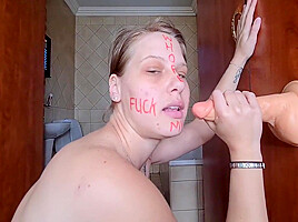 Body Writing Pale Slut Sucking And Fucking Two Suction Cup Dildos Spit Roast Fetish