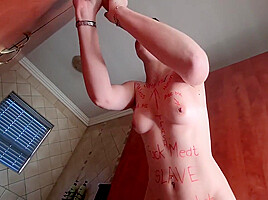 Body Writing Pale Slut Sucking And Fucking Two Suction Cup Dildos Spit Roast Fetish