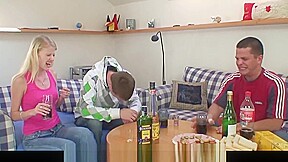 Boozed blonde grandmother takes two cocks