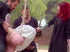 Bound brunette teen 18+ fucked in public