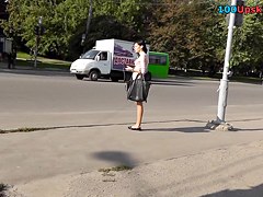Brunette Hair in light costume upskirt on bus