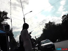 Brunette Hair in light costume upskirt on bus