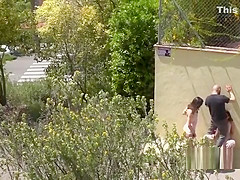 Brunette beauty suspended and whipped outdoor