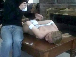 Busty blonde babe gets hogtied on the table