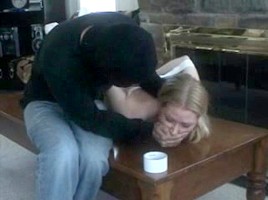 Busty blonde babe gets hogtied on the table