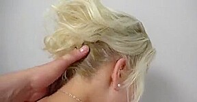 Busty blonde strips on interview and plays with dildo