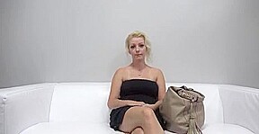 Busty blonde strips on interview and plays with dildo