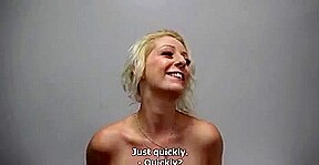 Busty blonde strips on interview and plays with dildo