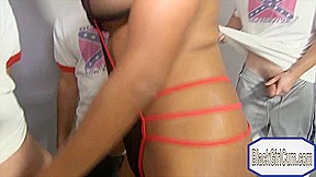 Busty ebony Kymora Lee enjoying big facial from many cocks