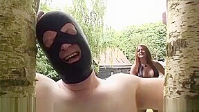 Busty mistress ties slave to tree and whips him before sucks and fucks BBC