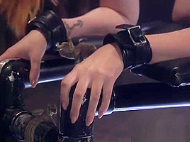 Caged bdsm sub sucks doms cock before riding