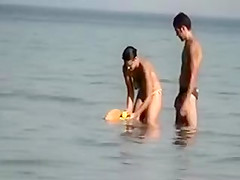 Camera at Public Beach Films Busty Girlfriend Cleaning Up