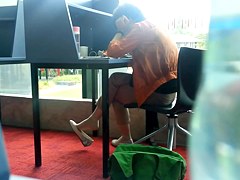 Candid Asian MILF Shoeplay Dangling Feet at Library