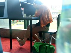 Candid Asian MILF Shoeplay Dangling Feet at Library