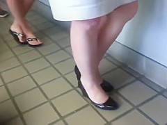 Candid Mature Feet Legs Shoeplay Dipping in Line or Queue