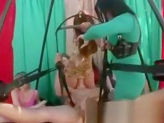 Cfnm girls jerking off guy in a swing while he eats pussy