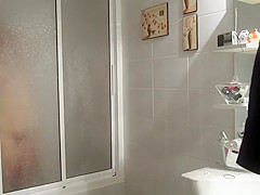 Chubby busty wife in bathroom drying