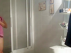 Chubby busty wife in bathroom drying