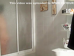 Chubby busty wife in bathroom drying
