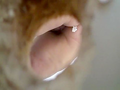 Chubby woman with fat shaved pussy peeing