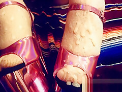 Cumshot on Pink Holo Pleaser Platform Heels with Pink OTK Socks