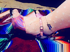 Cumshot on Pink Holo Pleaser Platform Heels with Pink OTK Socks
