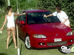 Cute Rain Gets Wet Washing Car With Lesbo