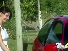 Cute Rain Gets Wet Washing Car With Lesbo