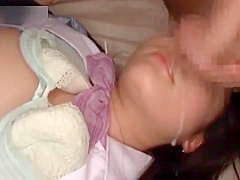 Cute asian school doll gets mouth cum filled