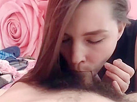 Cute college girl girl sucking her boyfriend