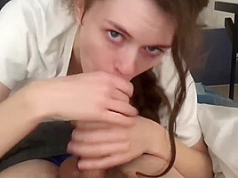 Cute girl white t shirt gives a bj