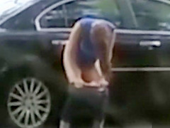 Desperate babe pees on a public suburban street
