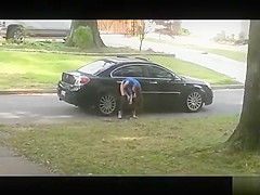 Desperate babe pees on a public suburban street