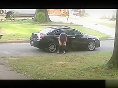 Desperate babe pees on a public suburban street