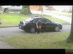 Desperate babe pees on a public suburban street