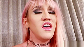 Exotic looking trans girl fucks with a machine and cums
