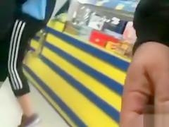 Following a female ass and stroking penis in public